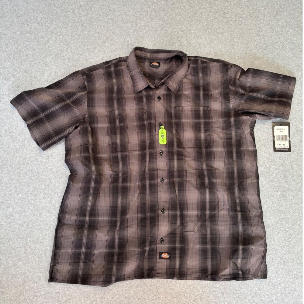 Dickies Mens Plaid Short Sleeve Button Down Shirt Black Grey A8882BLK 2XL NWT